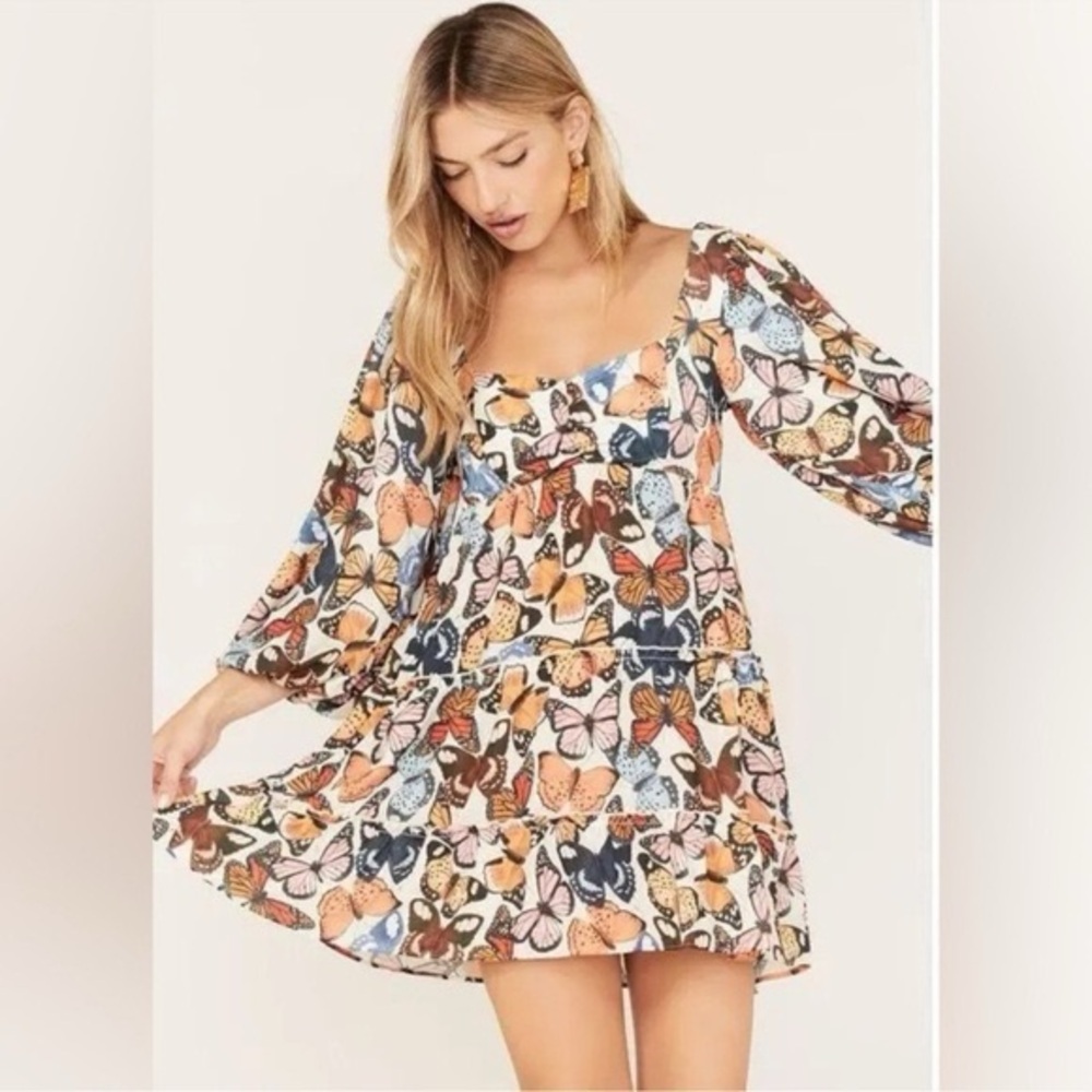 Show Me Your MuMu Butterfly Print Dress with Bell Sleeves